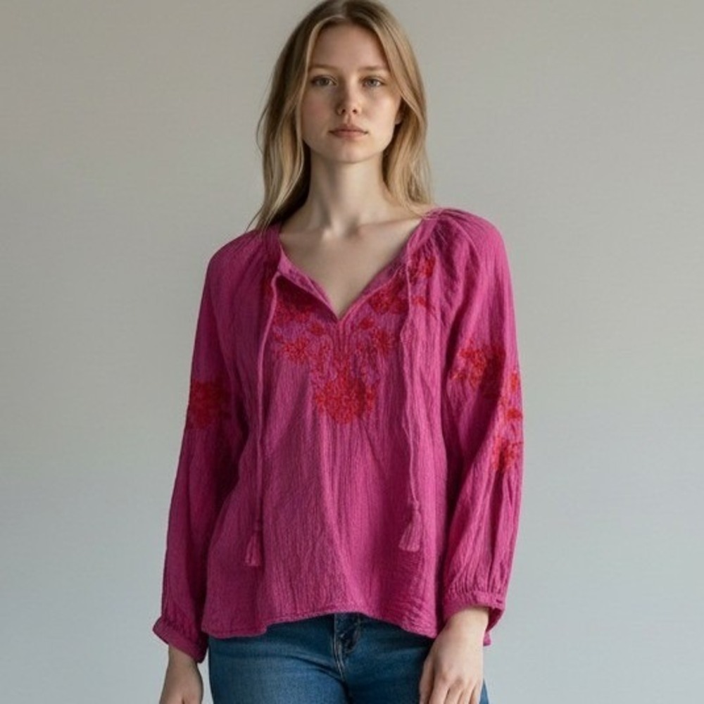 Style&Co Embroidered Peasant Blouse Womens M Pink Boho‎ Cotton Top
